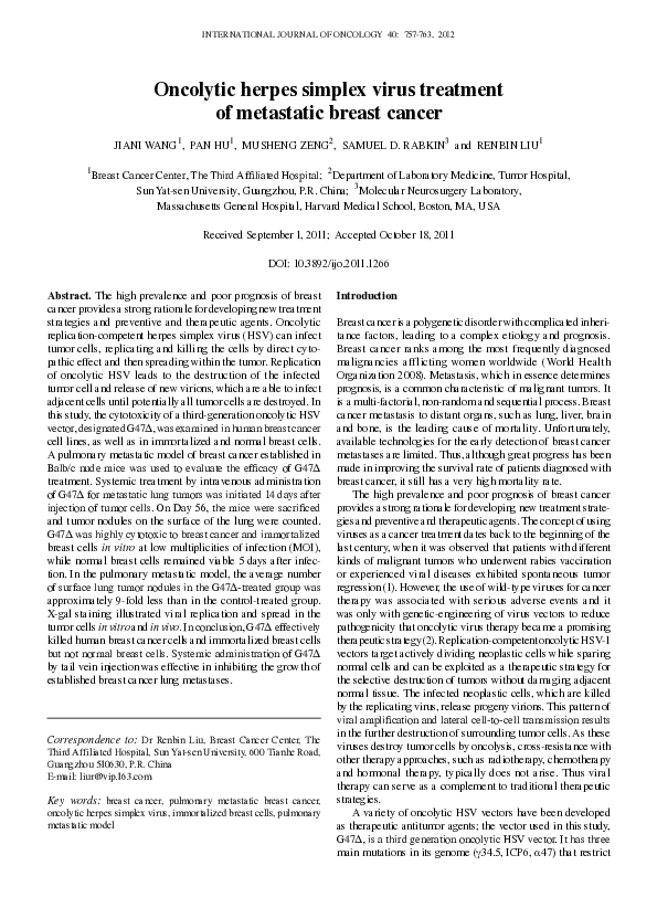 (PDF) Oncolytic herpes simplex virus treatment of metastatic breast cancer