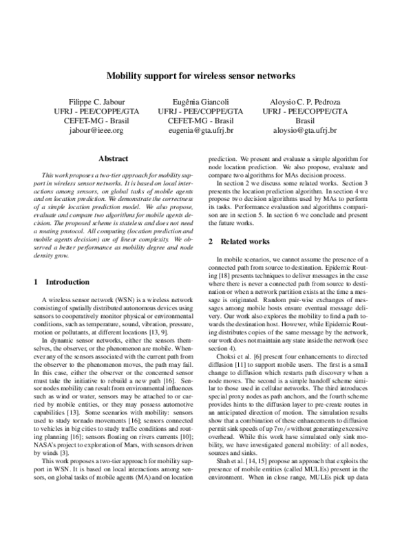 (PDF) Mobility Support for Wireless Sensor Networks