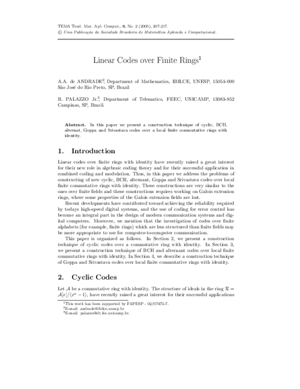 (PDF) Linear Codes over Finite Rings