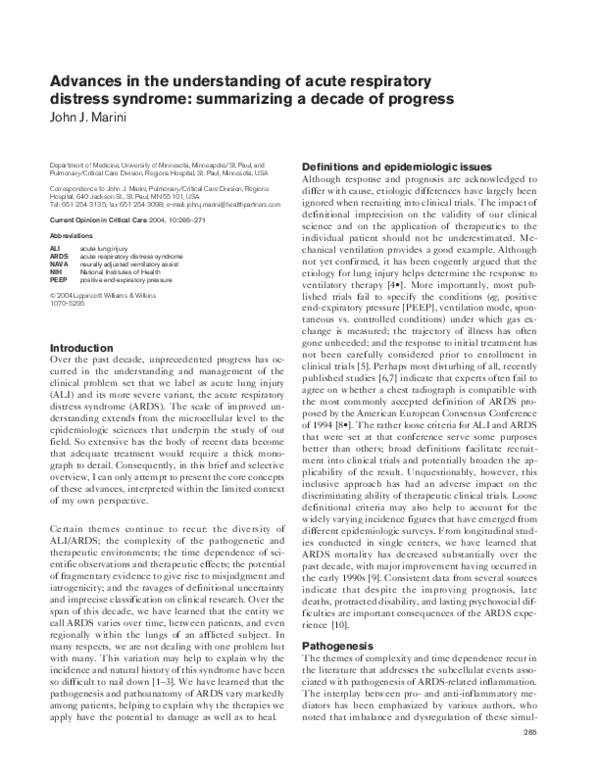 (PDF) Advances in the understanding of acute respiratory distress ...
