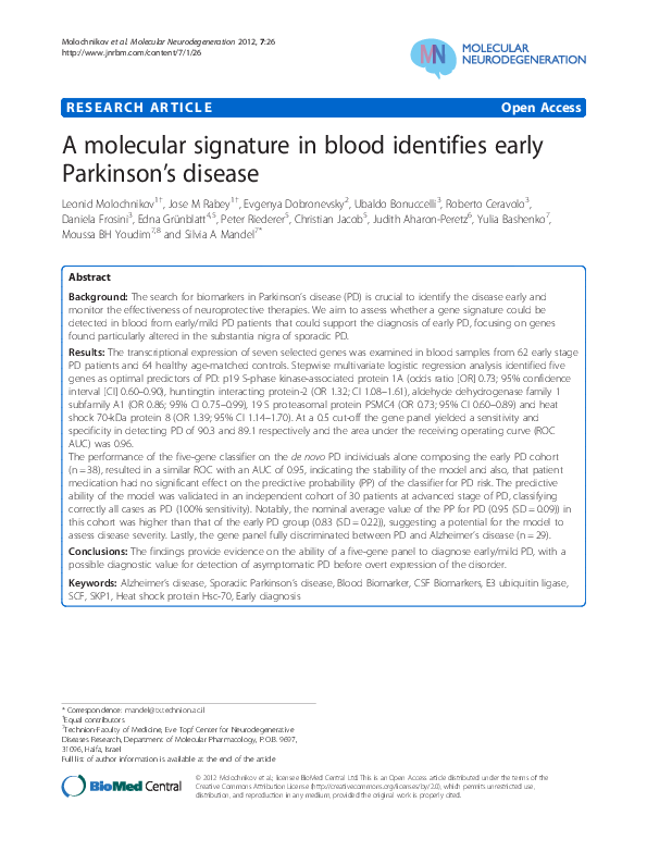 (PDF) A molecular signature in blood identifies early Parkinson’s disease