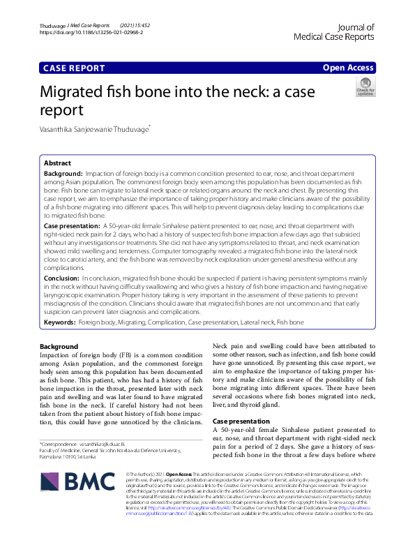 (PDF) Migrated fish bone into the neck: a case report
