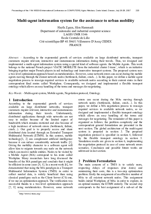 (PDF) Multi-agent information system for the assistance to urban mobility
