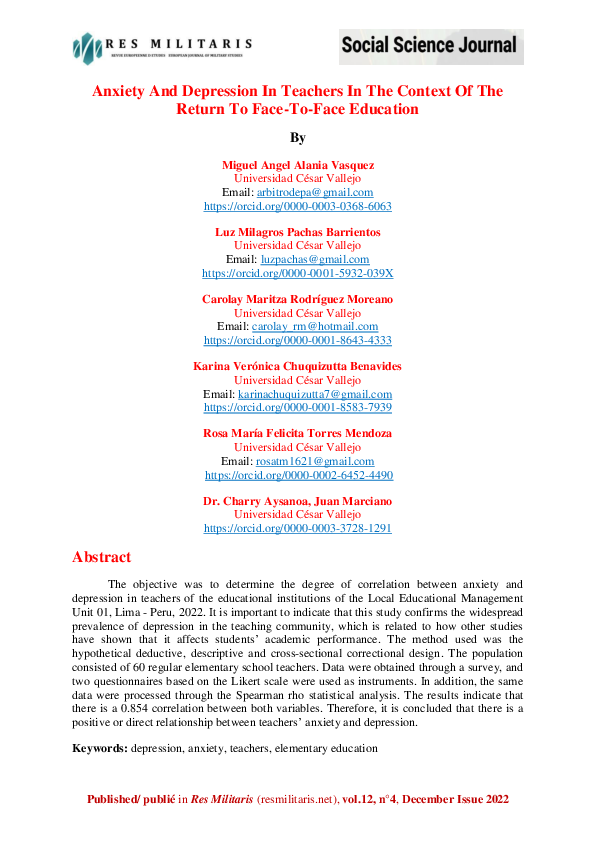 (PDF) Anxiety And Depression In Teachers In The Context Of The Return ...