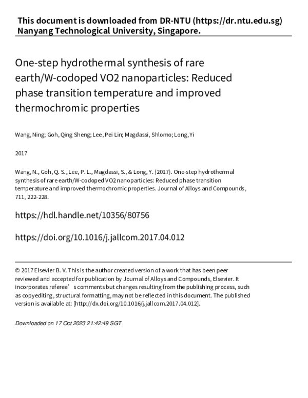 (PDF) One-step hydrothermal synthesis of rare earth/W-codoped VO2 ...