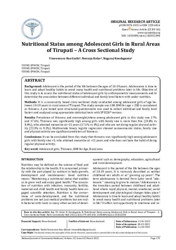 (PDF) Nutritional Status among Adolescent Girls in Rural Areas of ...