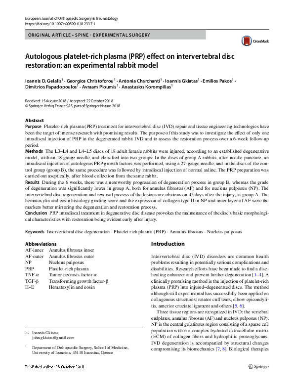 (PDF) Autologous platelet-rich plasma (PRP) effect on intervertebral ...