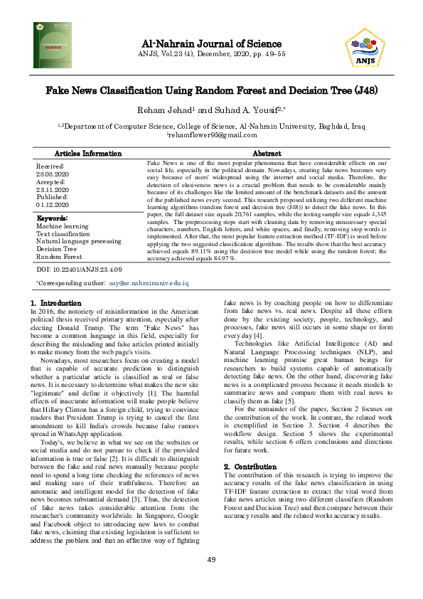 (PDF) Fake News Classification Using Random Forest and Decision Tree (J48)