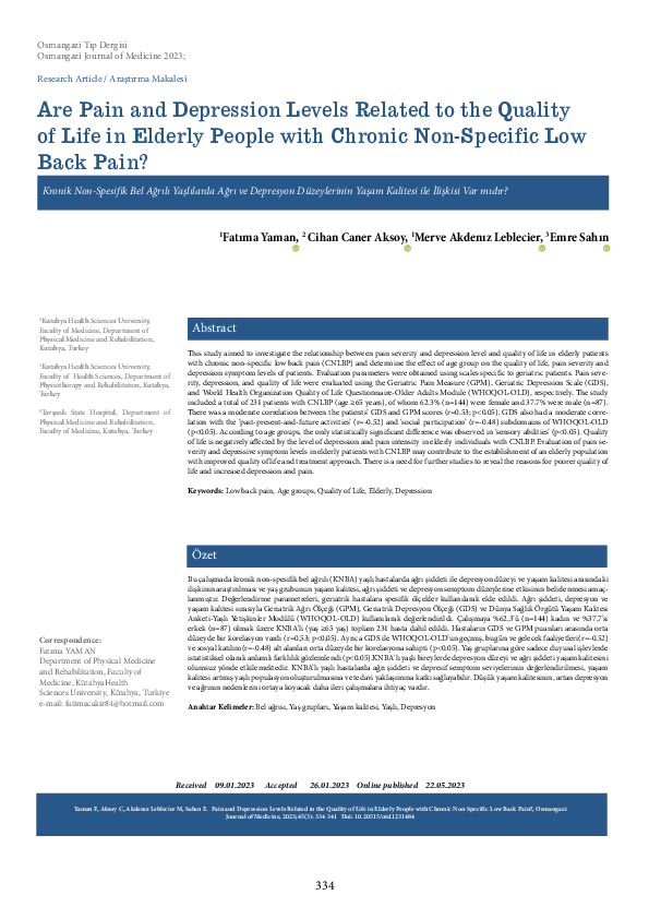 (PDF) Pain and Depression Levels Related to the Quality of Life in ...