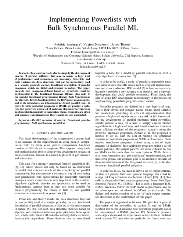 (PDF) Implementing Powerlists with Bulk Synchronous Parallel ML