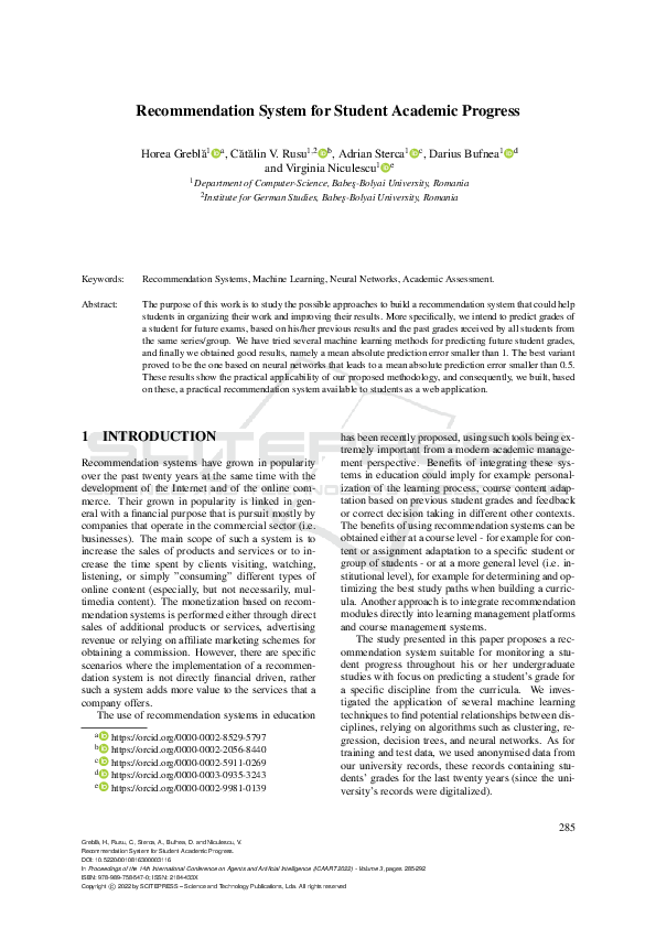 (PDF) Recommendation System for Student Academic Progress