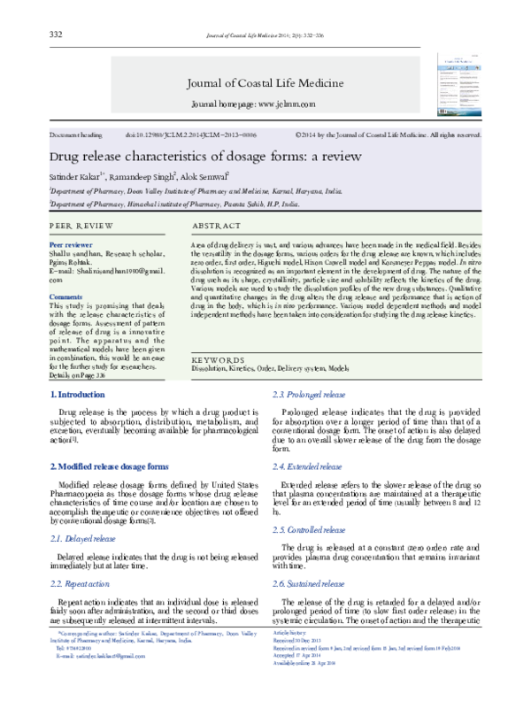(PDF) Drug release characteristics of dosage forms: a review