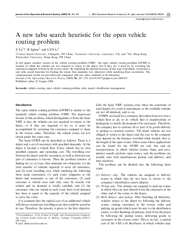 (PDF) A new tabu search heuristic for the open vehicle routing problem