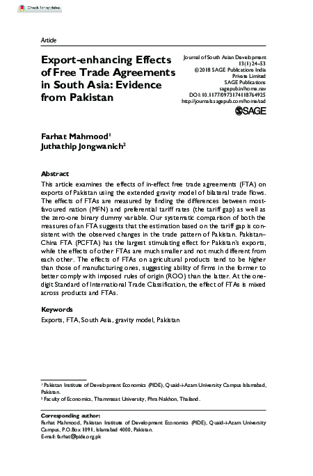 (PDF) Export-enhancing Effects of Free Trade Agreements in South Asia