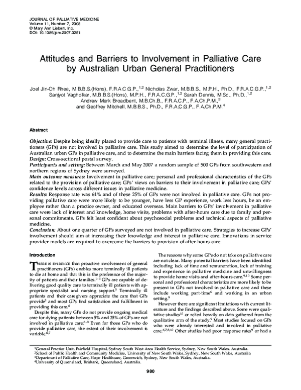 (PDF) Attitudes and Barriers to Involvement in Palliative Care by ...