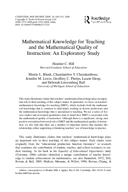 (PDF) Mathematical knowledge for teaching and the mathematical quality ...