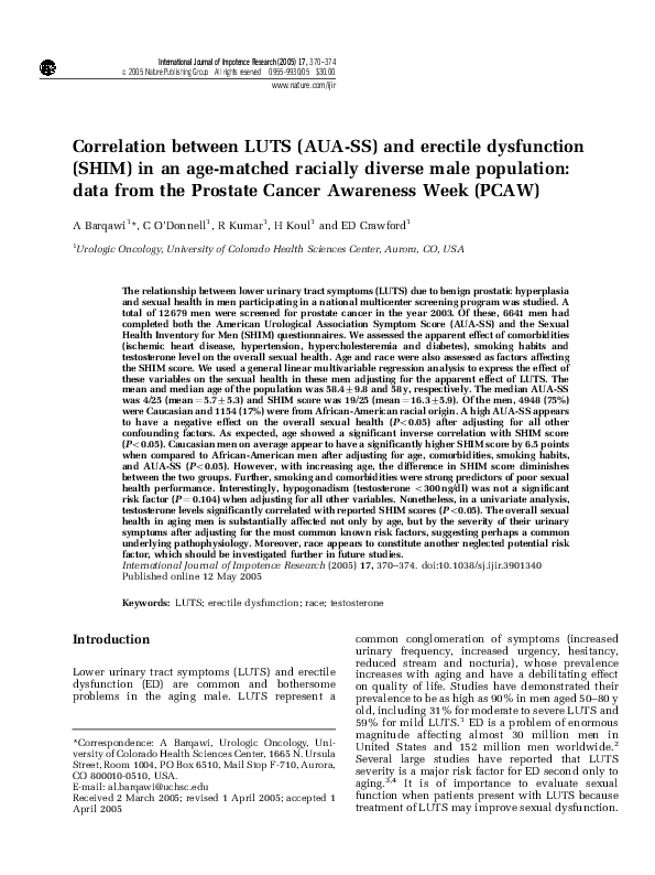 (PDF) Correlation between LUTS (AUA-SS) and erectile dysfunction (SHIM ...