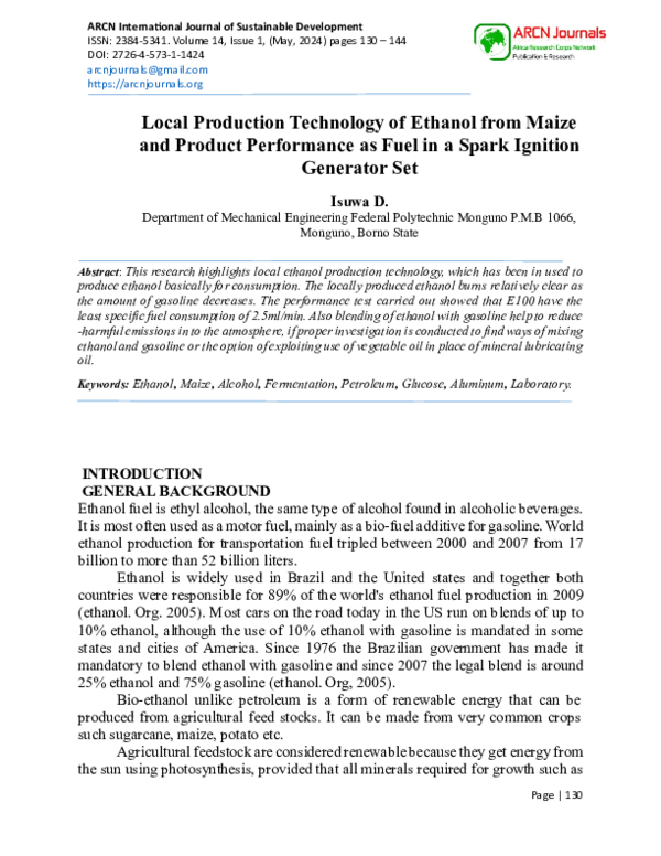 (PDF) Local Production Technology of Ethanol from Maize and Product ...