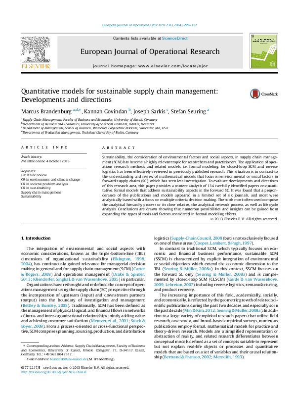 (PDF) Quantitative models for sustainable supply chain management ...