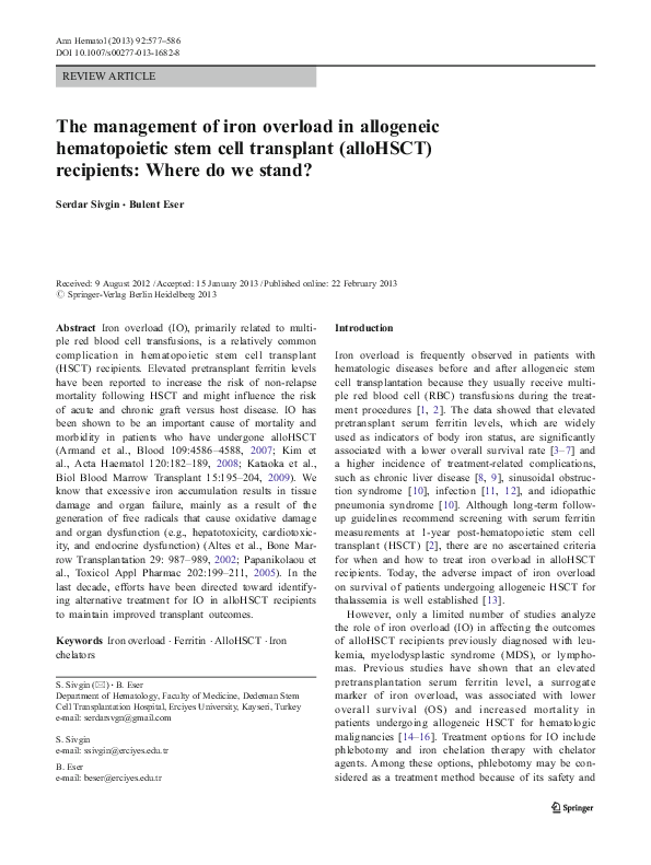 (PDF) The management of iron overload in allogeneic hematopoietic stem ...