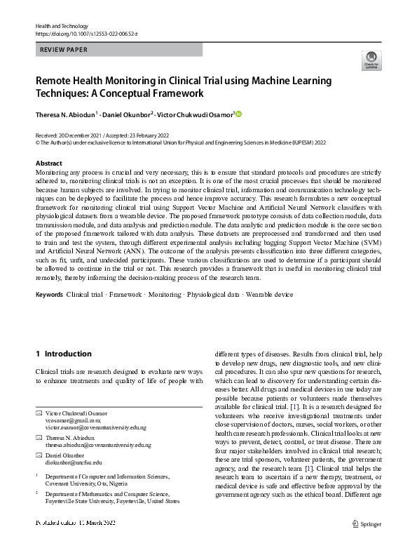 (PDF) Remote Health Monitoring in Clinical Trial using Machine Learning ...