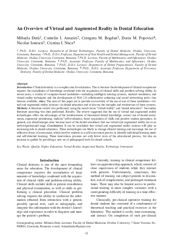 (PDF) An Overview of Virtual and Augmented Reality in Dental Education