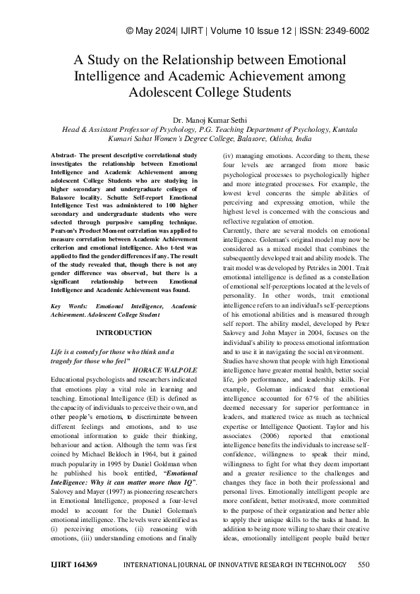 (PDF) A Study on the Relationship between Emotional Intelligence and ...
