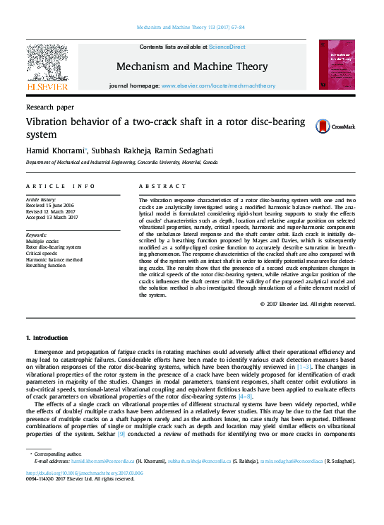 (PDF) Vibration behavior of a two-crack shaft in a rotor disc-bearing ...