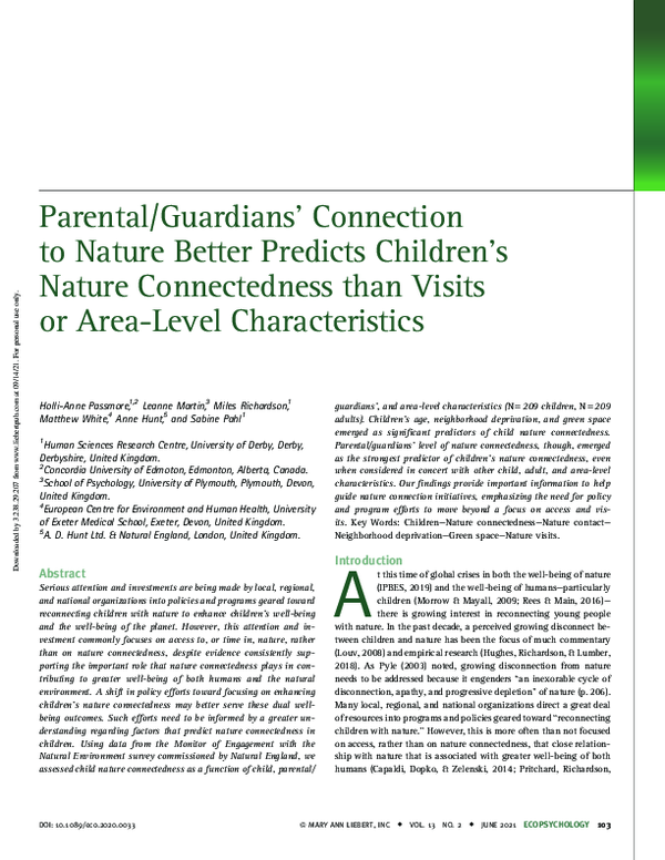 (PDF) Parental/Guardians' Connection to Nature Better Predicts Children ...