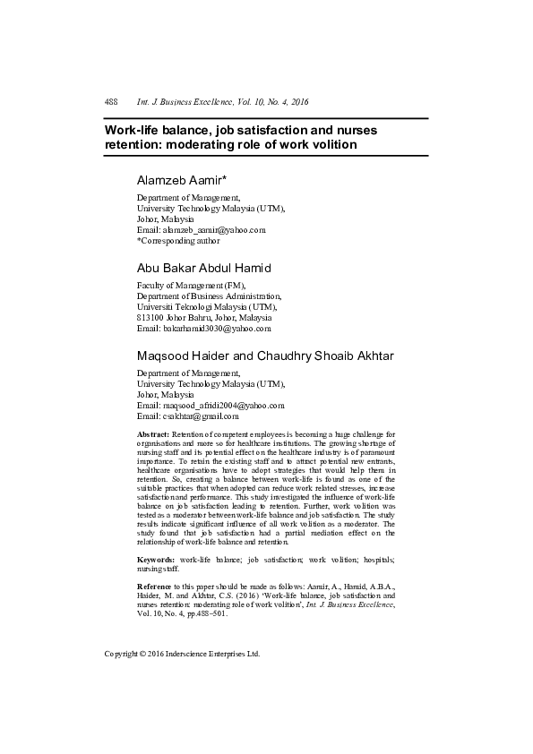(PDF) Work-life balance, job satisfaction and nurses retention ...