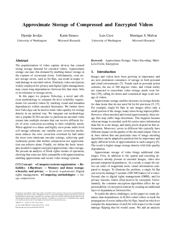 (PDF) Approximate Storage of Compressed and Encrypted Videos
