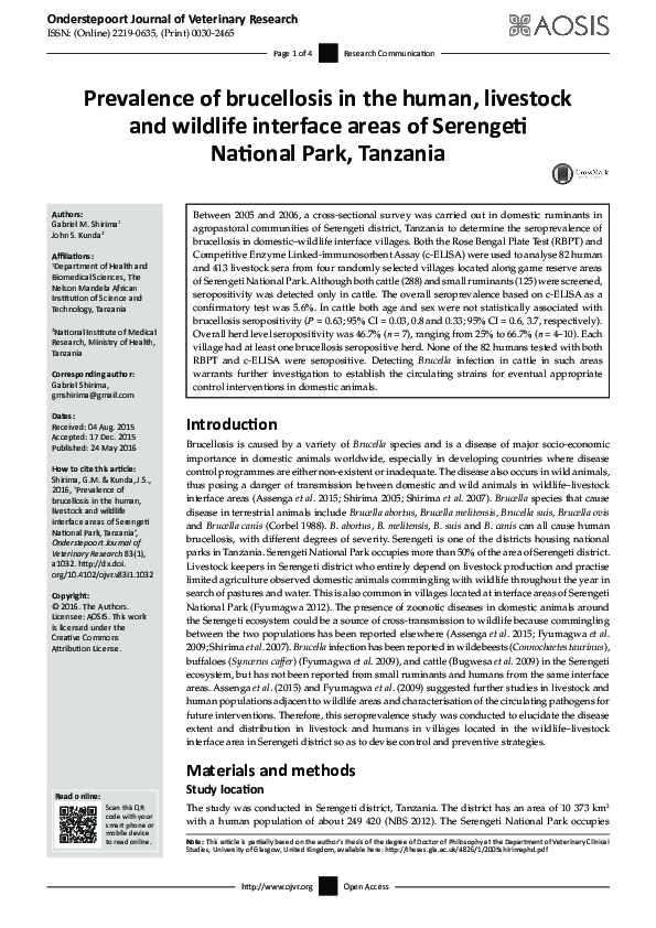 (PDF) Prevalence of brucellosis in the human, livestock and wildlife ...