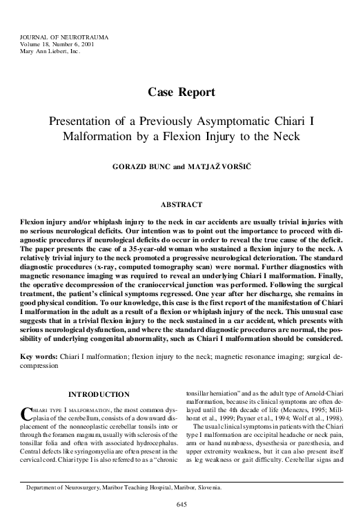 (PDF) Presentation of a Previously Asymptomatic Chiari I Malformation ...