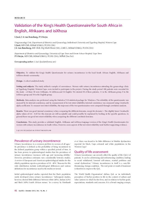 (PDF) Validation of the King’s Health Questionnaire for South Africa in ...
