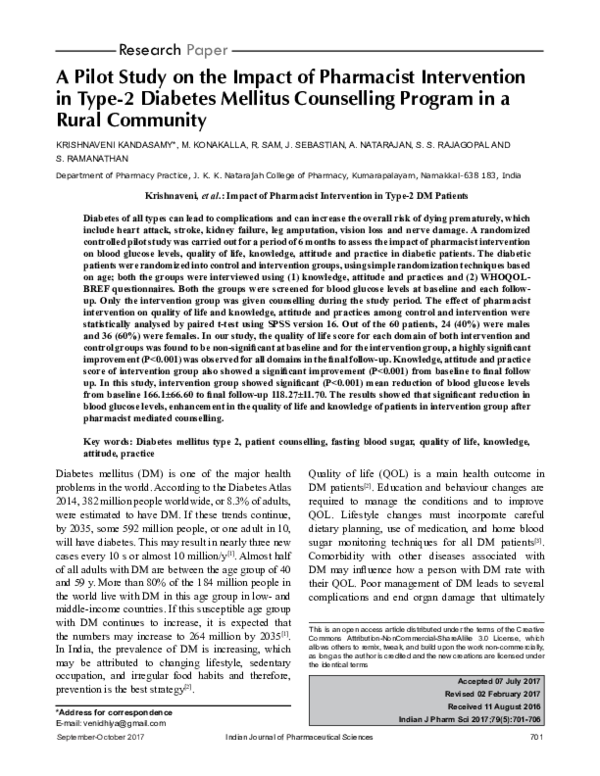 (PDF) A Pilot Study on the Impact of Pharmacist Intervention in Type-2 ...