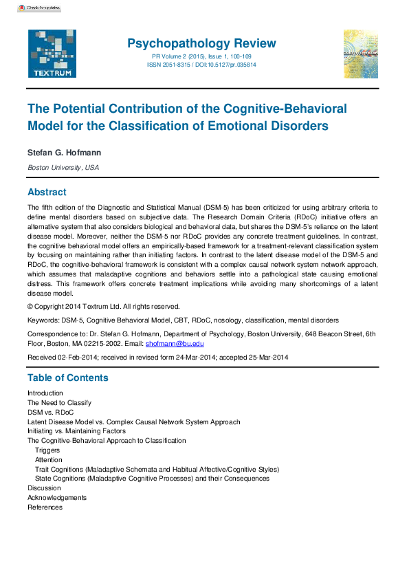 (PDF) The Potential Contribution of the Cognitive-Behavioral Model for ...