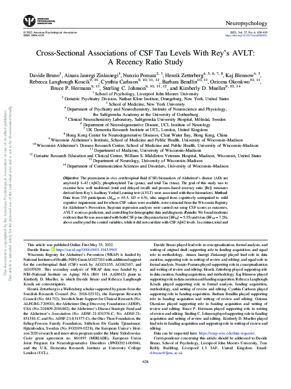 (PDF) Cross-sectional associations of CSF tau levels with Rey’s AVLT: A ...