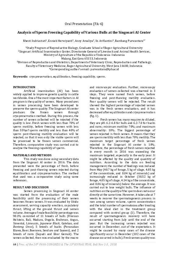 (PDF) FA-6 Analysis of Sperm Freezing Capability of Various Bulls at ...