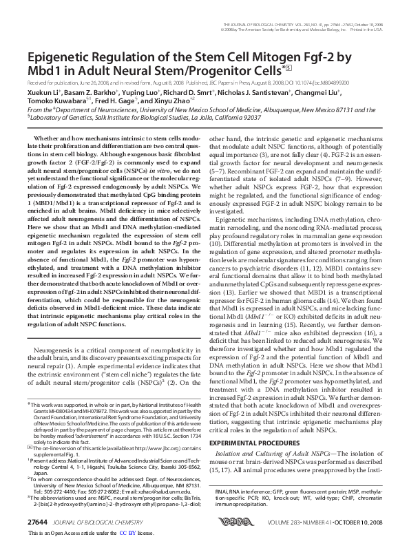 (PDF) Epigenetic Regulation of the Stem Cell Mitogen Fgf-2 by Mbd1 in ...