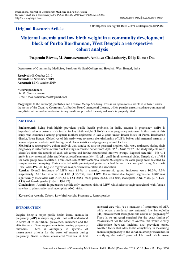 (PDF) Maternal anemia and low birth weight in a community development ...