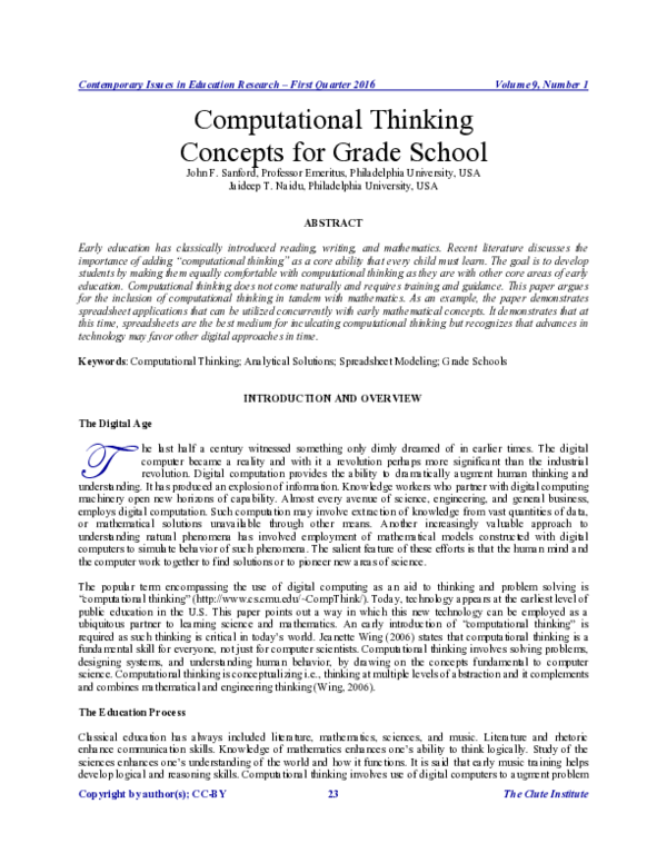 (PDF) Computational Thinking Concepts for Grade School