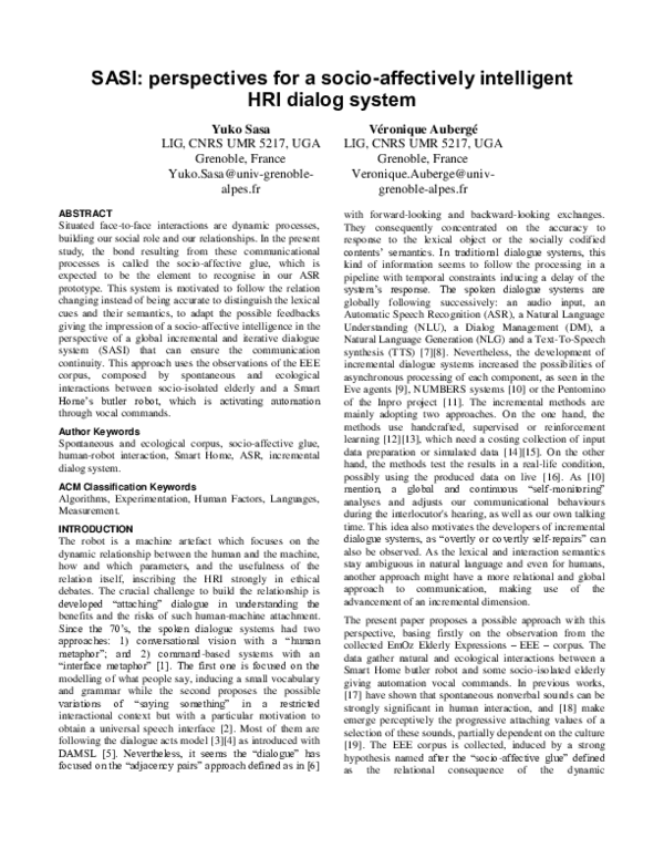 (PDF) SASI: perspectives for a socio-affectively intelligent HRI dialog ...