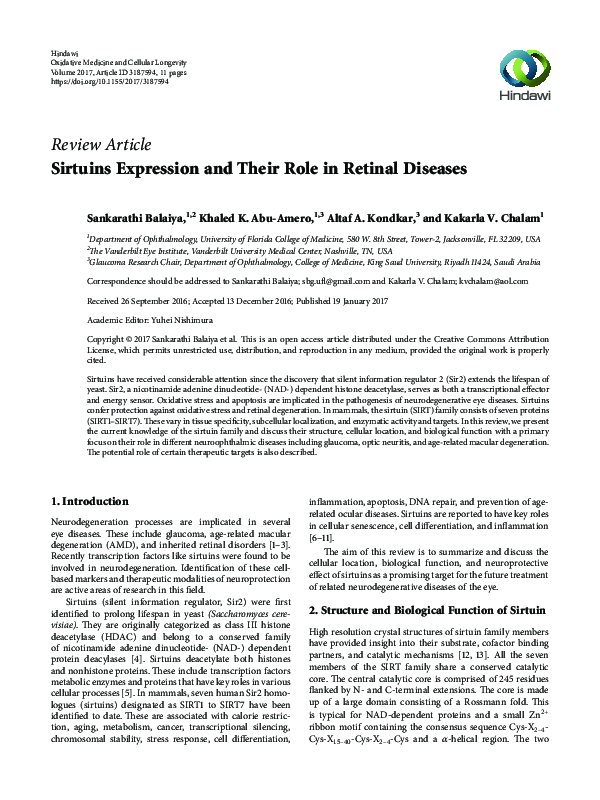 (PDF) Sirtuins Expression and Their Role in Retinal Diseases