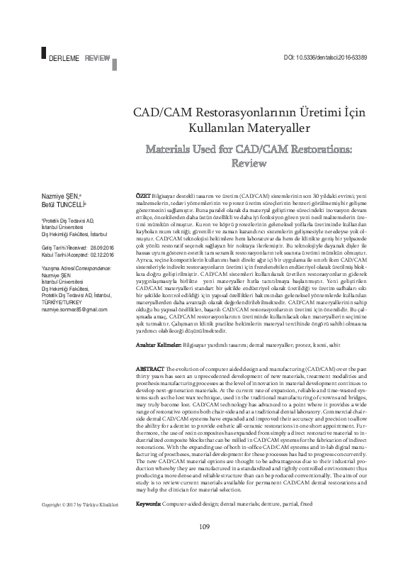 (PDF) Materials Used for CAD/CAM Restorations: Review
