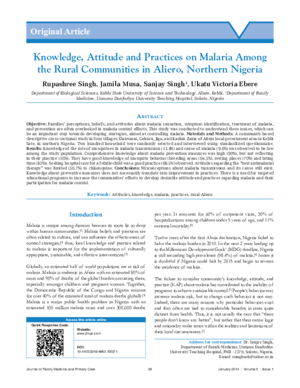 (PDF) Knowledge, attitude and practices on malaria among the rural ...