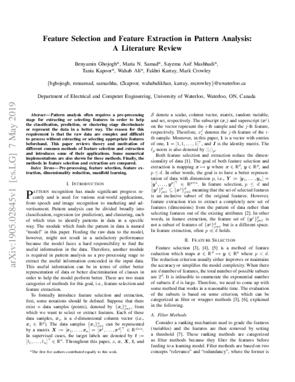 (PDF) Feature Selection and Feature Extraction in Pattern Analysis: A ...