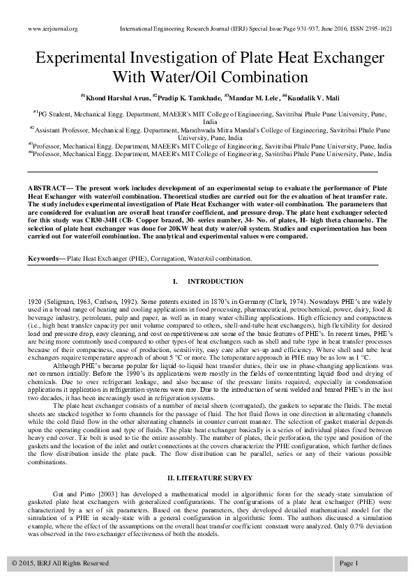 (PDF) Experimental Investigation of Plate Heat Exchanger With Water/Oil ...