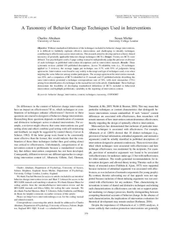 (PDF) A taxonomy of behavior change techniques used in interventions