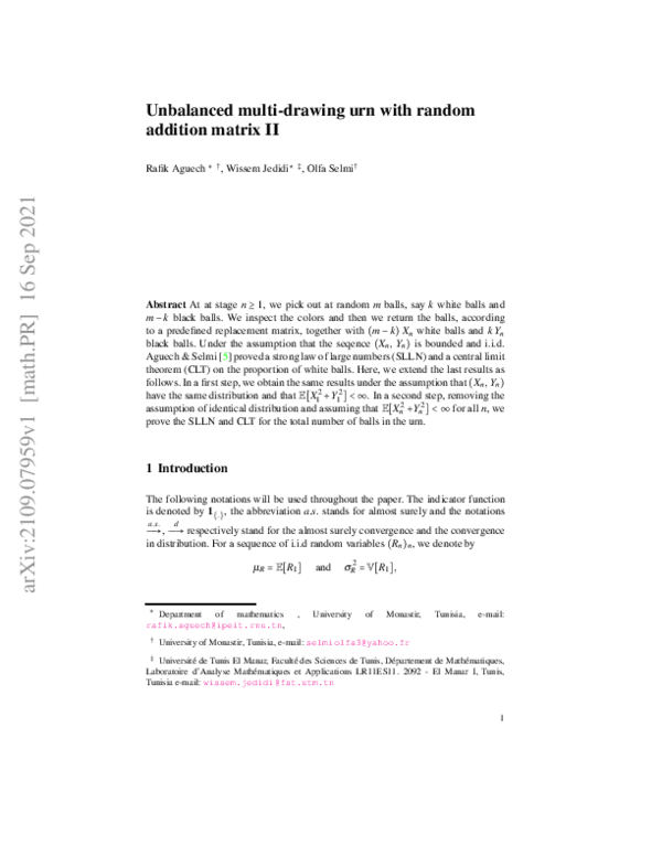(PDF) Unbalanced multi-drawing urn with random addition matrix II