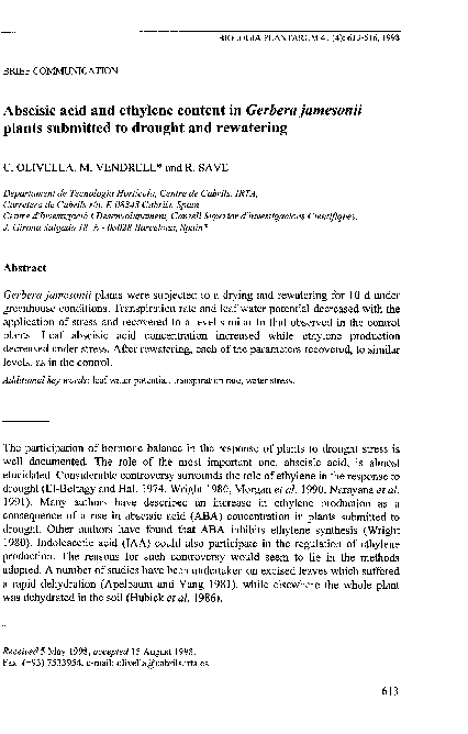 (PDF) Abscisic acid and ethylene content in Gerbera jamesonii plants ...